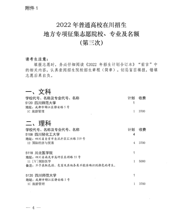 2022四川高考地方专项计划、省属高校帮扶专项计划第三次征集志愿缺额表